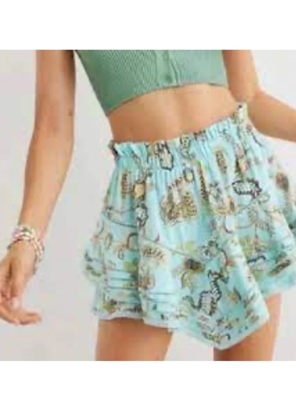 Aerie | Rock 'n' Ruffle Tiered Skort Blue Tropical Safari Wildlife Mini, Size M